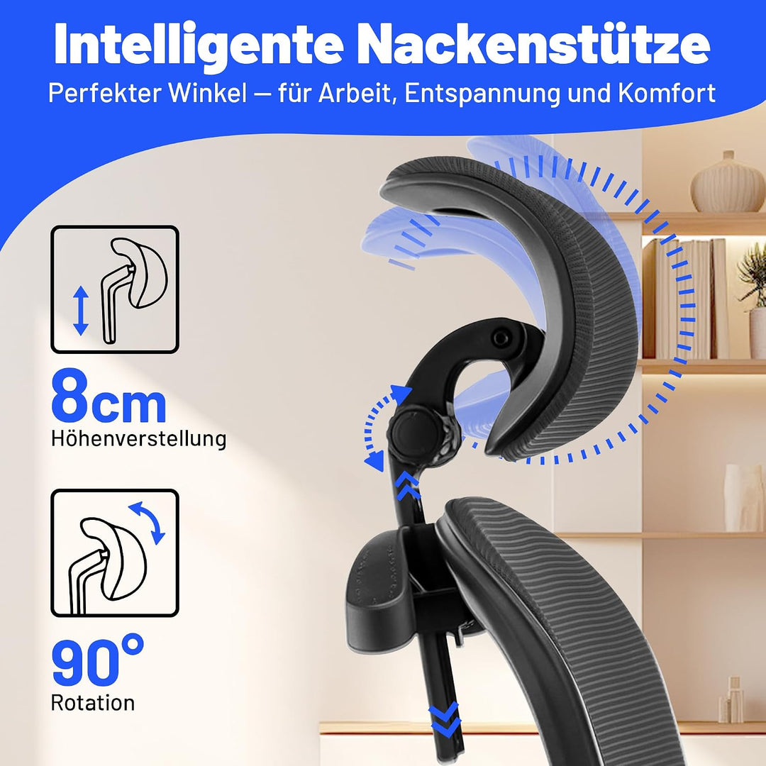 Bürostuhl Ergonomisch mit Kopfstütze, Verstellbarer Lendenwirbelstütze &amp; Netzbespannung, Höhenverste