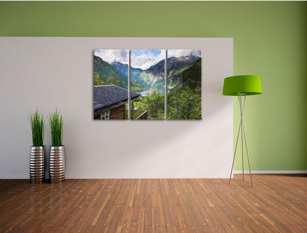 Pixxprint Hütte in Umgebung als Leinwandbild | Grösse: 3 Teilig (120x80) | Wandbild| Kunstdruck | fe