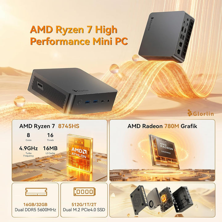 Glorlin Mini PC AMD Ryzen 7 8745HS bis 4.9GHz, Mini Gaming PC 16GB DDR5 1TB M.2 PCIe4.0 SSD, 2X 2.5G