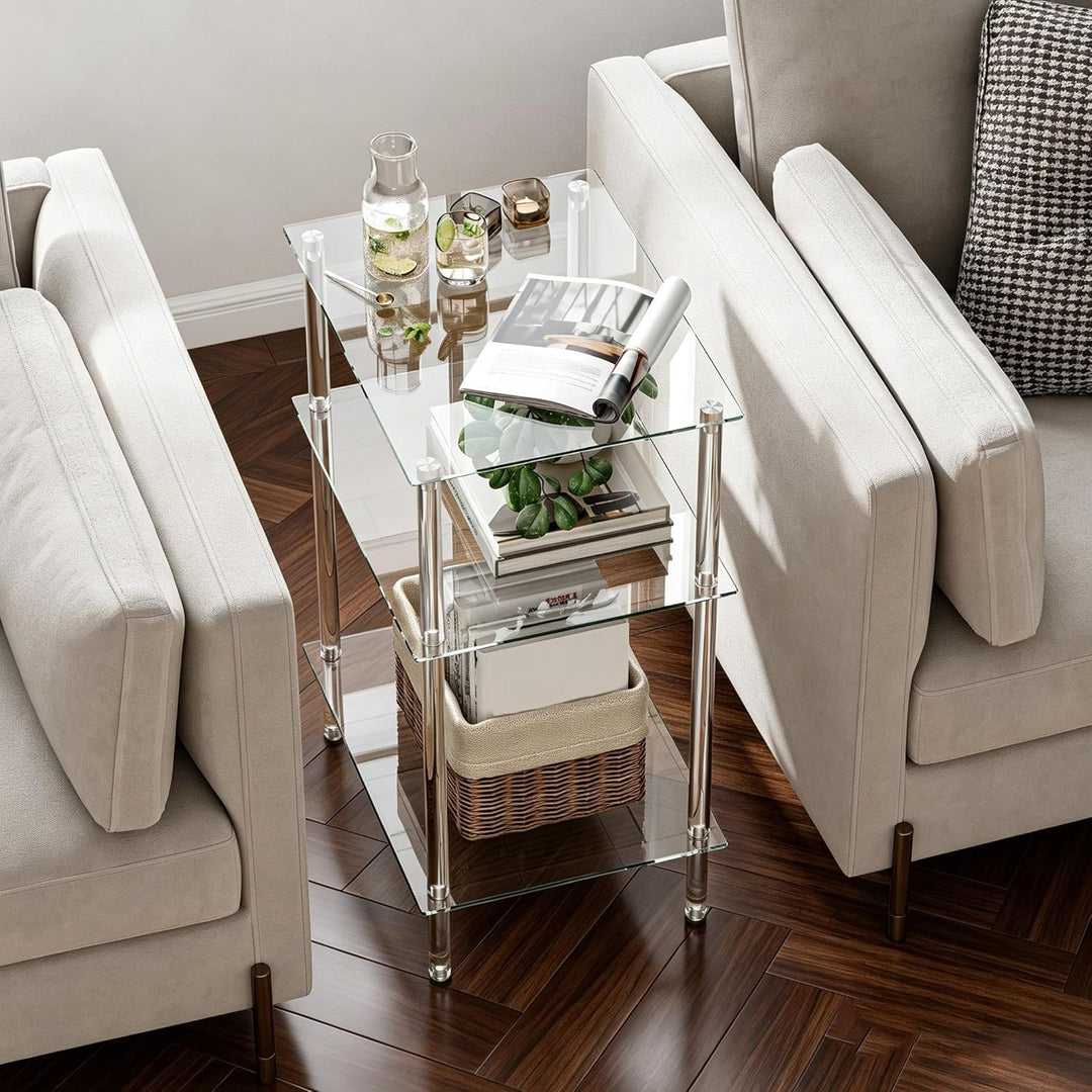 Moderner Beistelltisch Glas Eckig Transparenter Tisch mit 3 Ablagen Nachttisch Glastisch Side Table