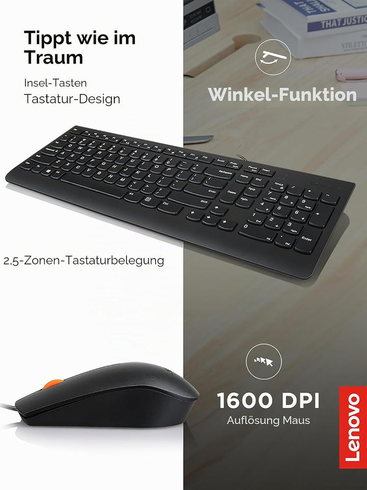 Lenovo 300 USB Combo, Full-Size Wired Tastatur & Maus, Ergonomische, Links- oder Rechtshänder, Optis