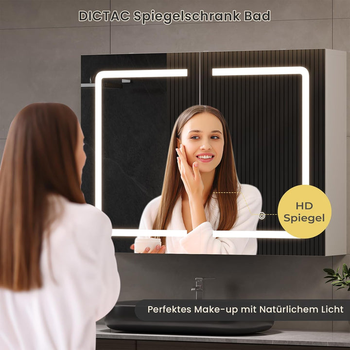 DICTAC Badezimmer spiegelschrank mit Beleuchtung 80x60x16cm Spiegelschrank Bad mit LED und Steckdose