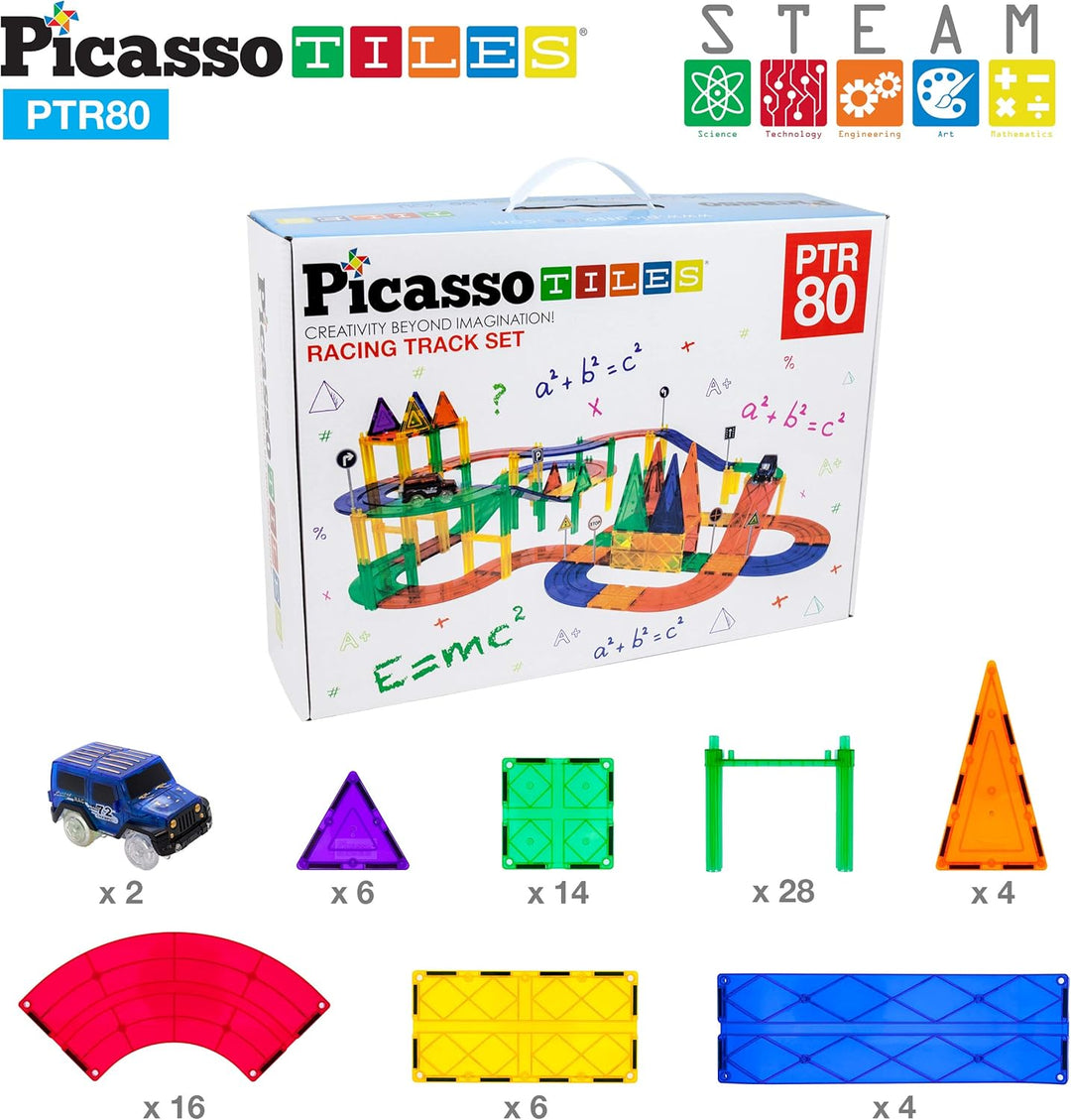 PicassoTiles 80 Stück Rennwagen Bahn Baustein Lernspielzeug Set Magnetische Fliesen Magnet DIY Spiel
