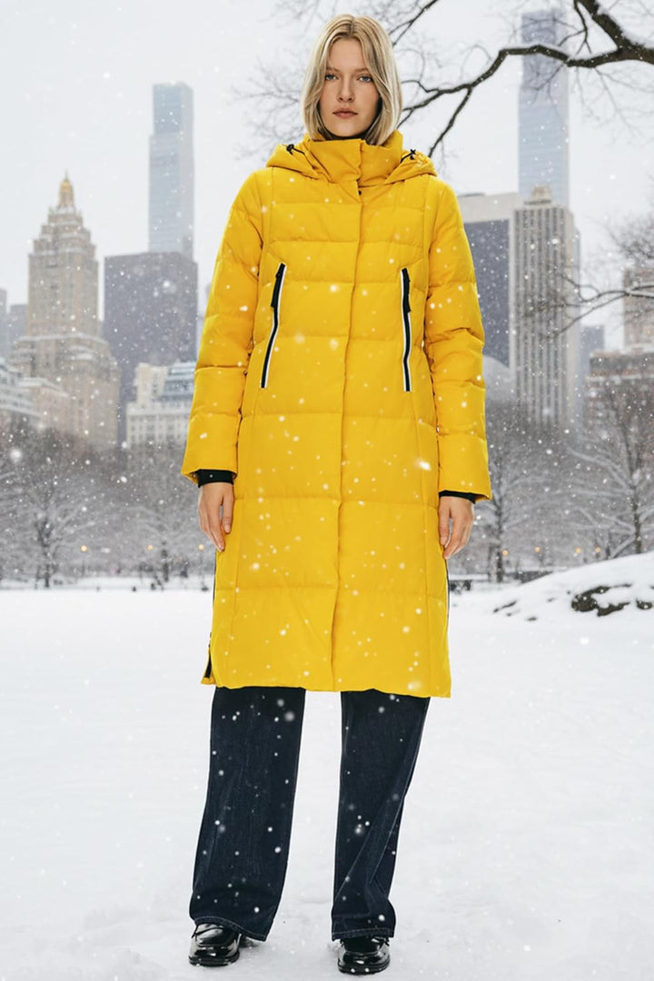 Orolay Damen Verdickte Daunenjacke Langer Wintermantel Mit Kapuze Pufferjacke Gelb M, Gelb M