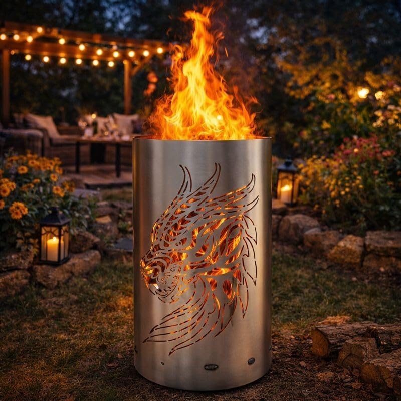 TiKo-Design Feuertonne - Lagerfeuertonne - Feuerkorb mit Drachen Motiv – Verleihen Sie Ihrem Garten