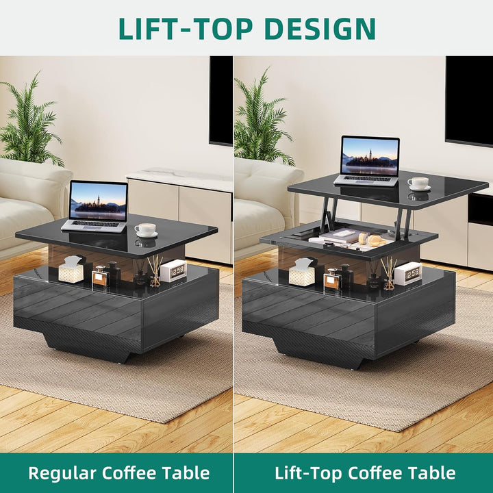 YITAHOME Couchtisch Höhenverstellbar mit LED Beleuchtung Modern, 60x60x45cm, Wohnzimmertisch Hochgla