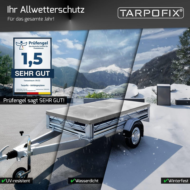 Tarpofix® Anhängerplane Flachplane 2075x1140 + 2x Planenbügel (verstellbar 100-145 cm) - randverstär