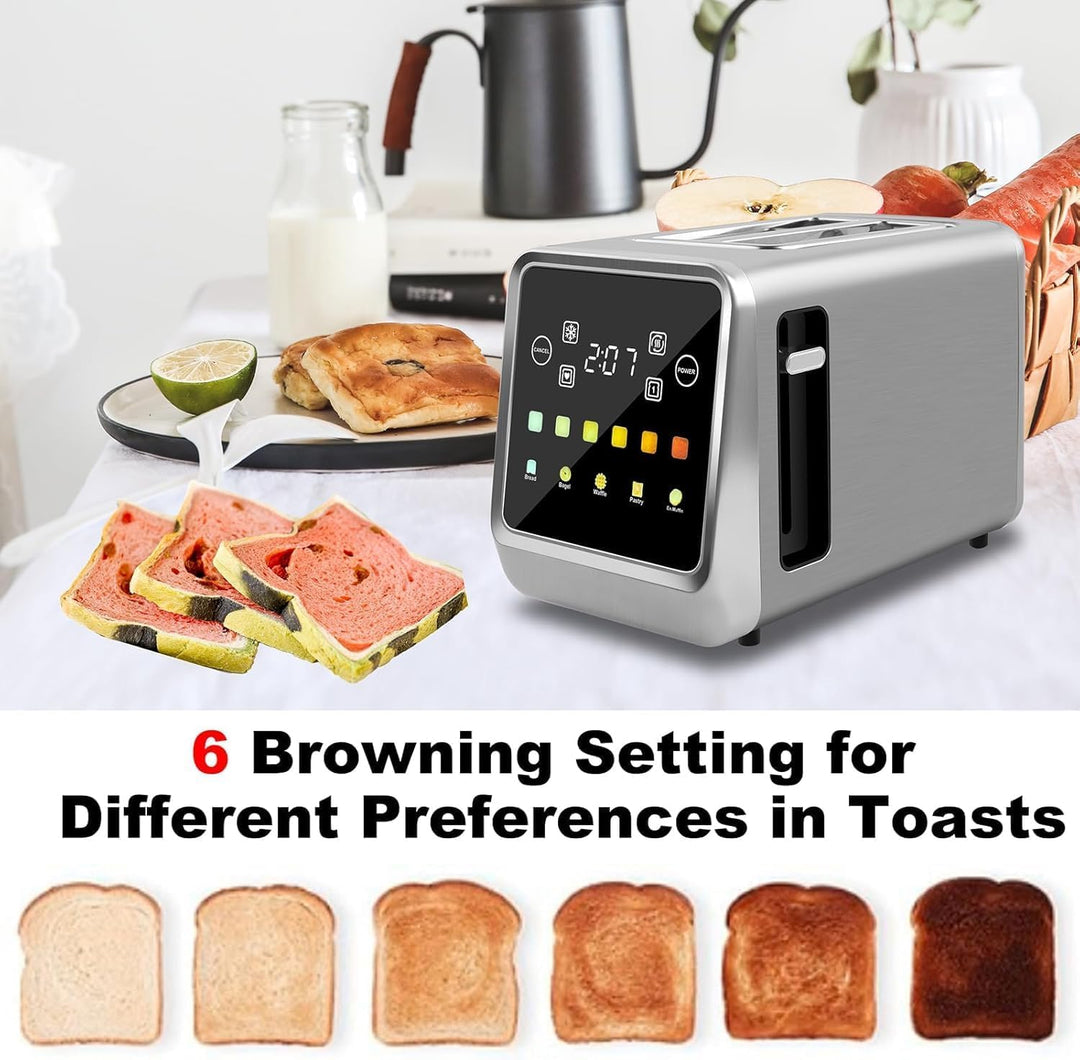 Touch Screen Toaster 2 Slice with LCD Display Digital Timer Toasters 6 Bread Types&amp; 6 Shade Settings