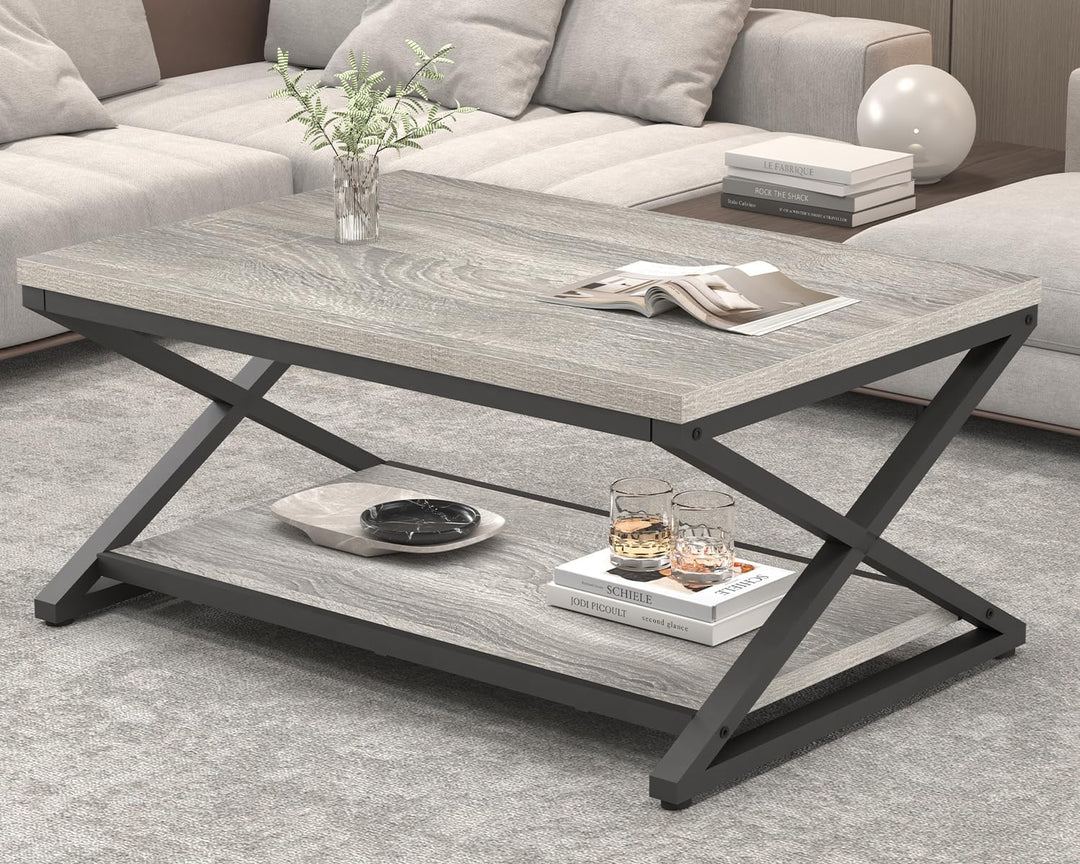 HSH Grau Couchtisch mit Ablage, industrieller Metall-Holz-Wohnzimmertisch, Bauernhaus, 120 cm minima