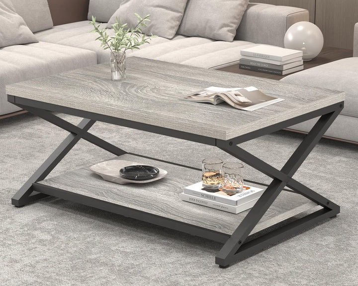 HSH Grau Couchtisch mit Ablage, industrieller Metall-Holz-Wohnzimmertisch, Bauernhaus, 120 cm minima