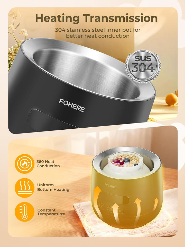 FOHERE Joghurtbereiter, Joghurt inkl. 2 XXL Glasbehälter 2000 ml und 1400 ml, 4 Keramik Portionsbech