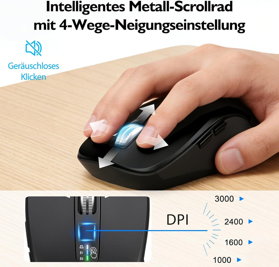 M9300 Kabelloses Tastatur Maus Combo, 2-in-1 USB Empfänger und Zwei Bluetooth, 18-Monate Batterielau