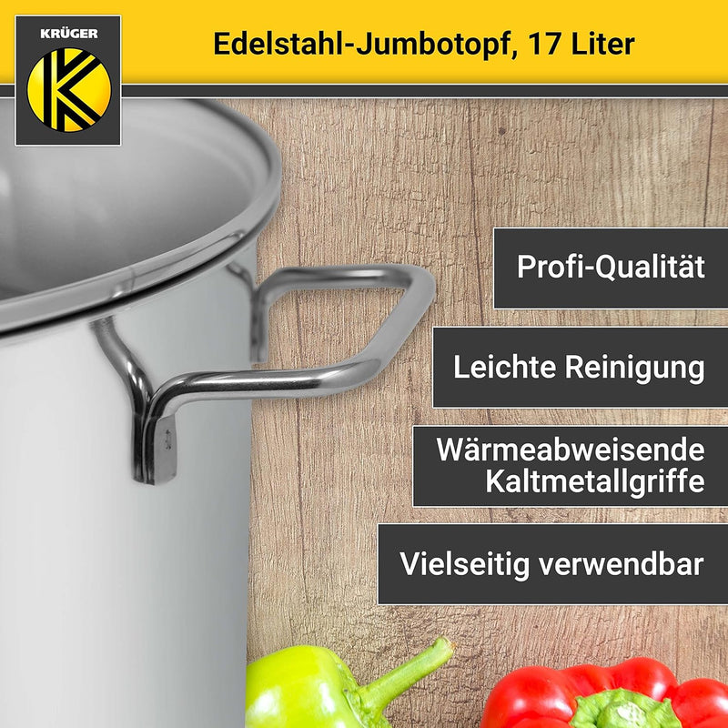 Krüger Edelstahl-Jumbotopf - Kochtopf mit Deckel zum Sichtkochen - energiesparender Kapselboden - id