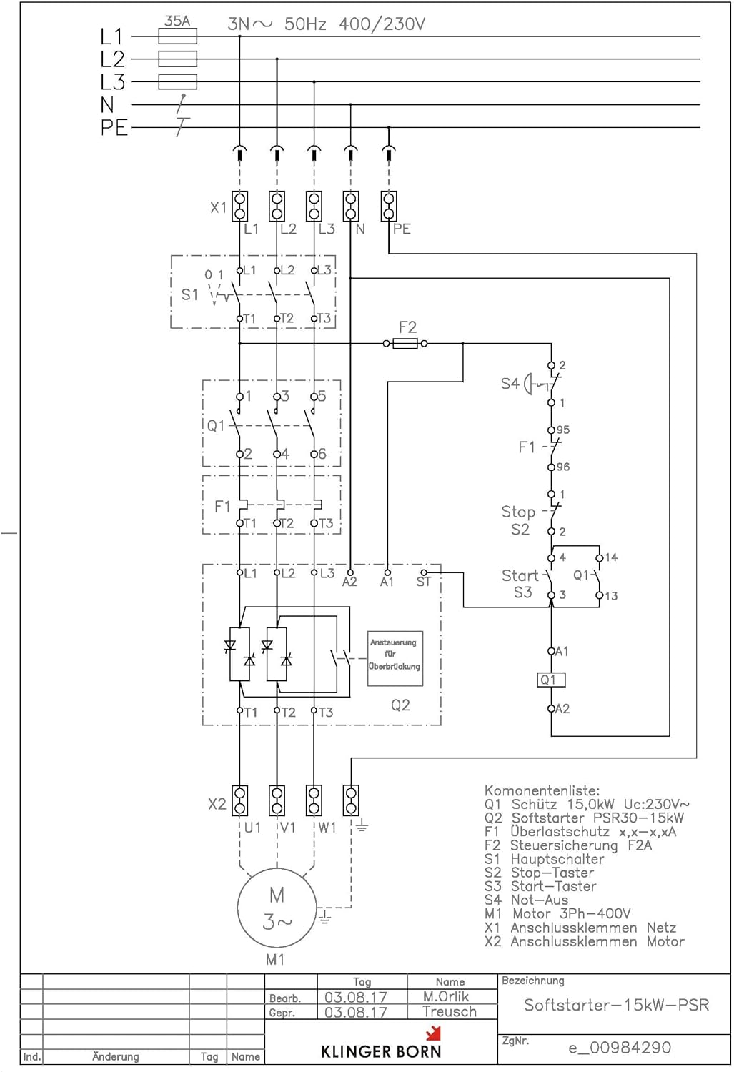 Softstarter PSR 15kW (für normalen Anlauf) mit Hauptschalter und Not-Halt