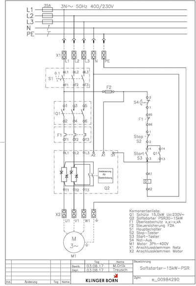 Softstarter PSR 15kW (für normalen Anlauf) mit Hauptschalter und Not-Halt