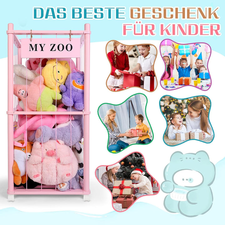 Massivholz Kuscheltier Aufbewahrung mit 360° Rollen & Bremse – inkl. Baumwollnetz, Plüschtier Organi
