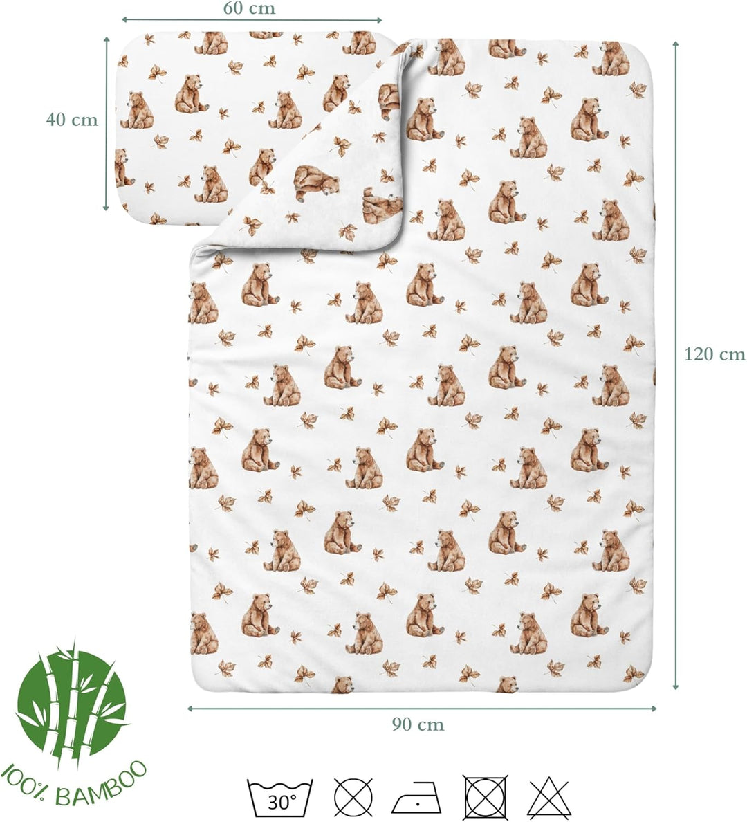 Waldin Baby Kinder Bettwäscheset 100% Bambus, ohne Bezug, Hypoallergen, Decke und Kissen, Bärchen/We