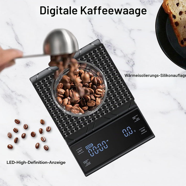 Digitale Kaffeewaage mit Timer 0,1g/5kg Hochpräzise Küchenwaage mit LED-Anzeige Tara Funktion und To