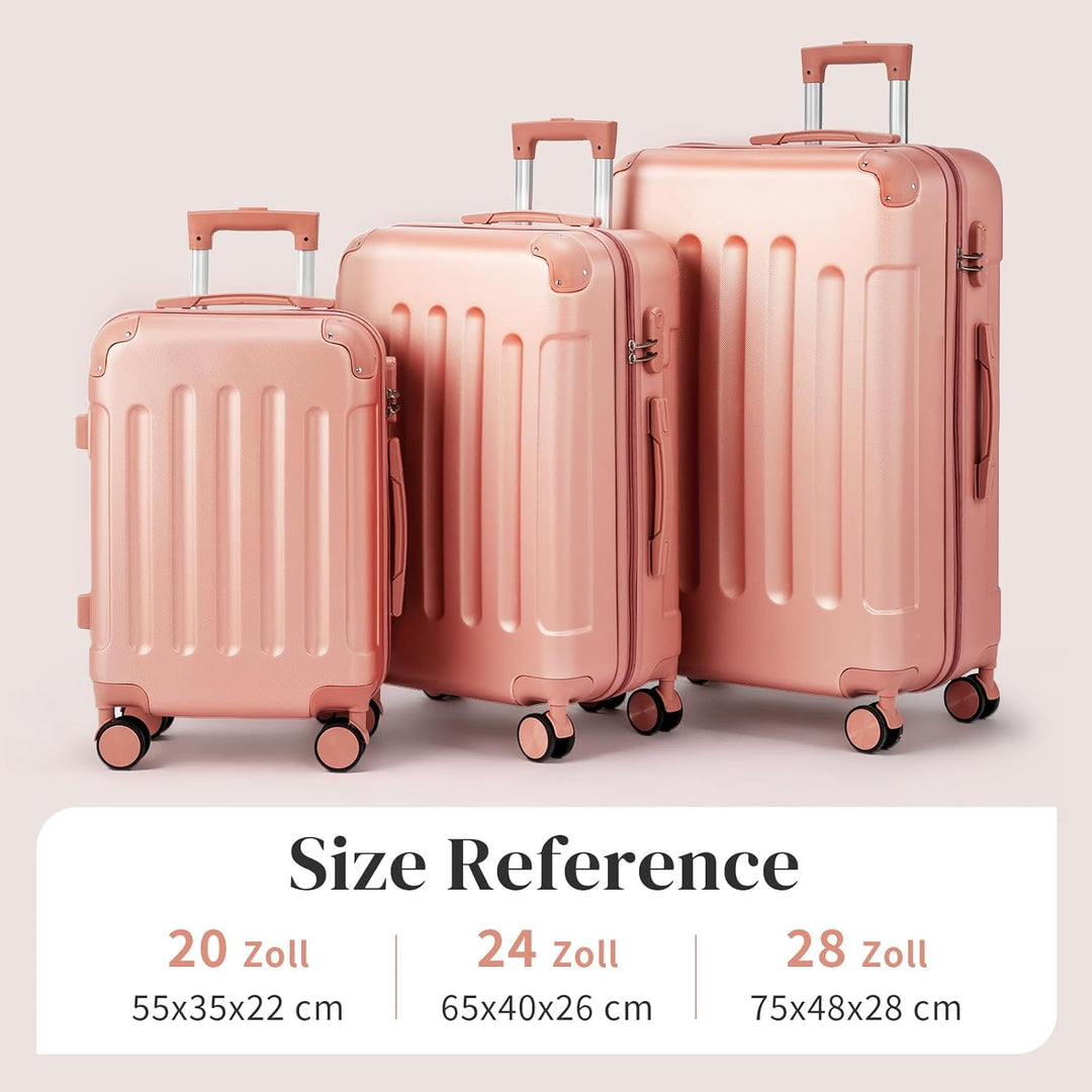 LEADZM Kofferset 3 teilig Hartschale mit verstärkten Ecken (Roségold) | Reisekoffer mit Rollen Gross