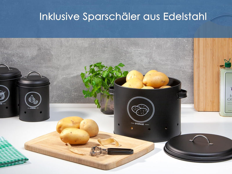 Hanseküche Vorratsbehälter Set mit Sparschäler - Hochwertiger Kartoffeltopf, Zwiebeltopf und Knoblau