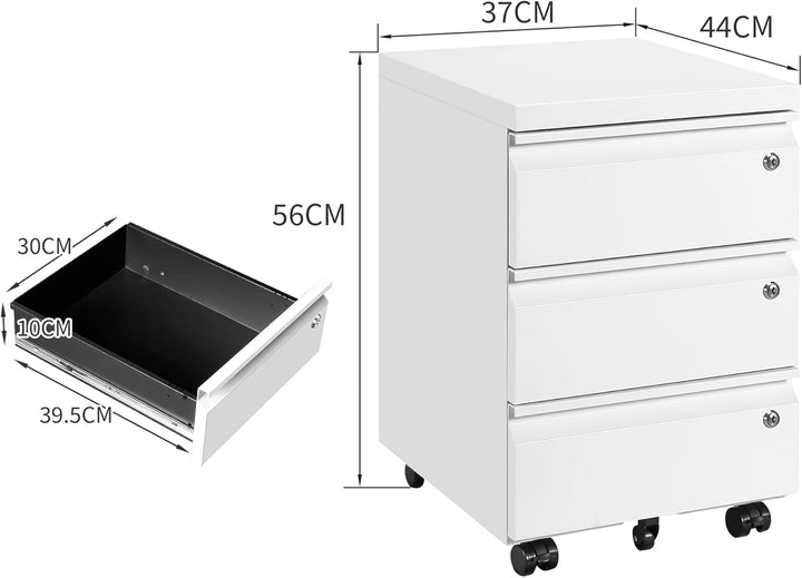 Rollcontainer mit 3 Schubladen, Aktenschrank, Büroschrank aus Metall, Aktenschrank unter Schreibtisc
