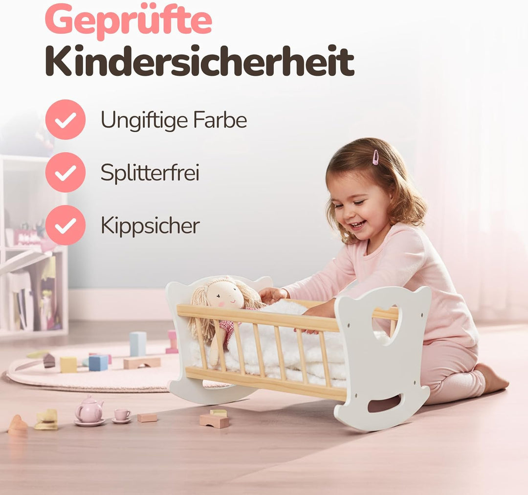 Kinderplay Puppenwiege Holz mit Bettwäsche – Puppenbett Schaukelbett für Puppen bis 49,5 cm – Holzsp