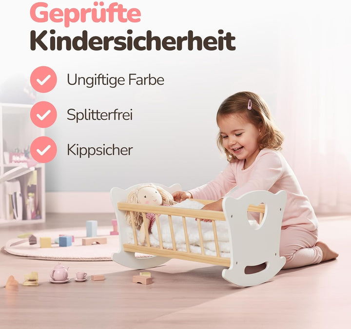 Kinderplay Puppenwiege Holz mit Bettwäsche – Puppenbett Schaukelbett für Puppen bis 49,5 cm – Holzsp