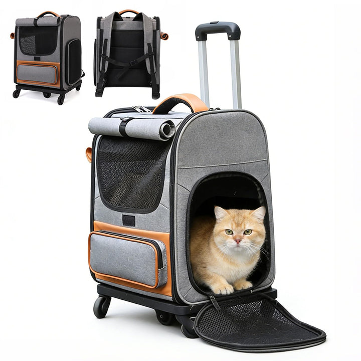 3-in-1 Katzenrucksack mit Rädern, Abnehmbaren Hunderucksack mit Sonnenschutzrollos, Belüftetes Desig