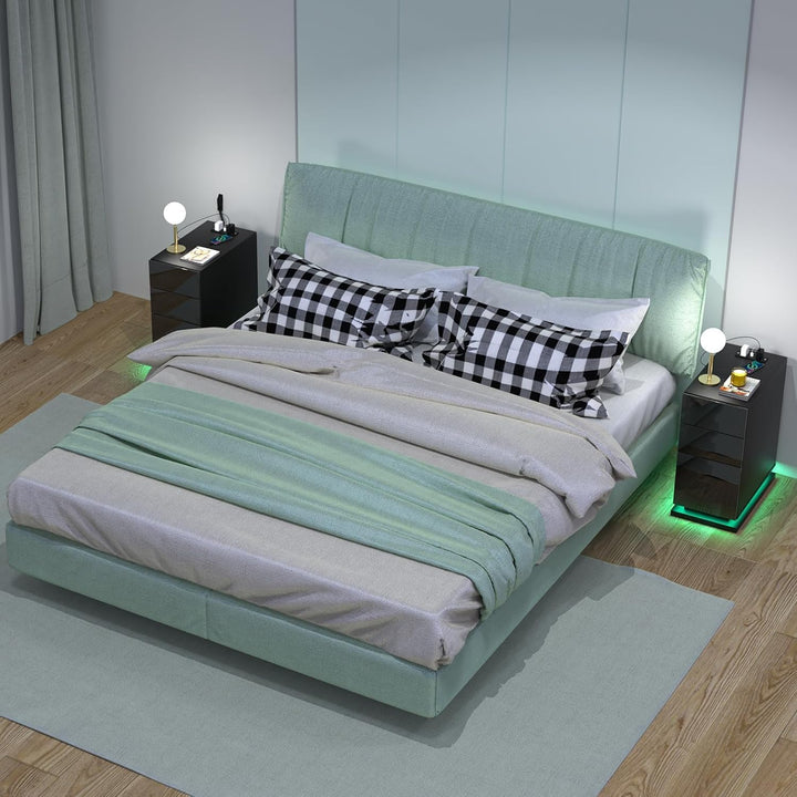 PIPIPOXER Nachttisch LED mit Steckdose & USB, Nachttisch Weiss Hochglanz Nachtkommode mit 3 Schublad