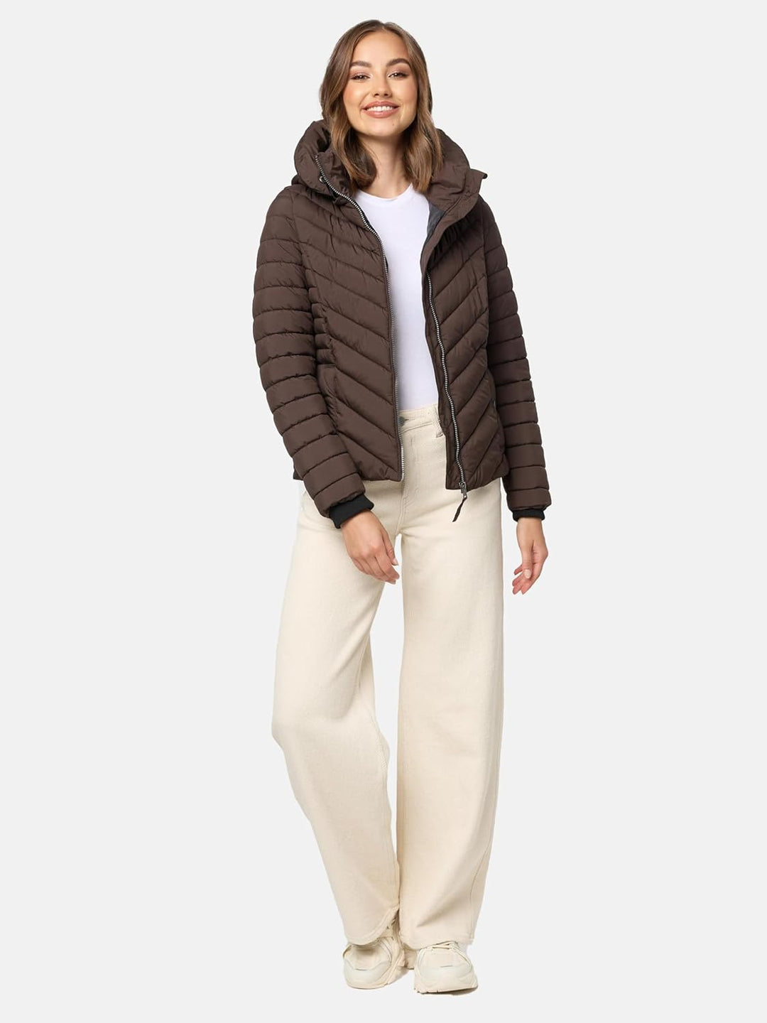 MARIKOO Damen Übergangsjacke leichte Steppjacke kurz mit Abnehmbarer Kapuze Kagomee XS-XXL XL Dark C
