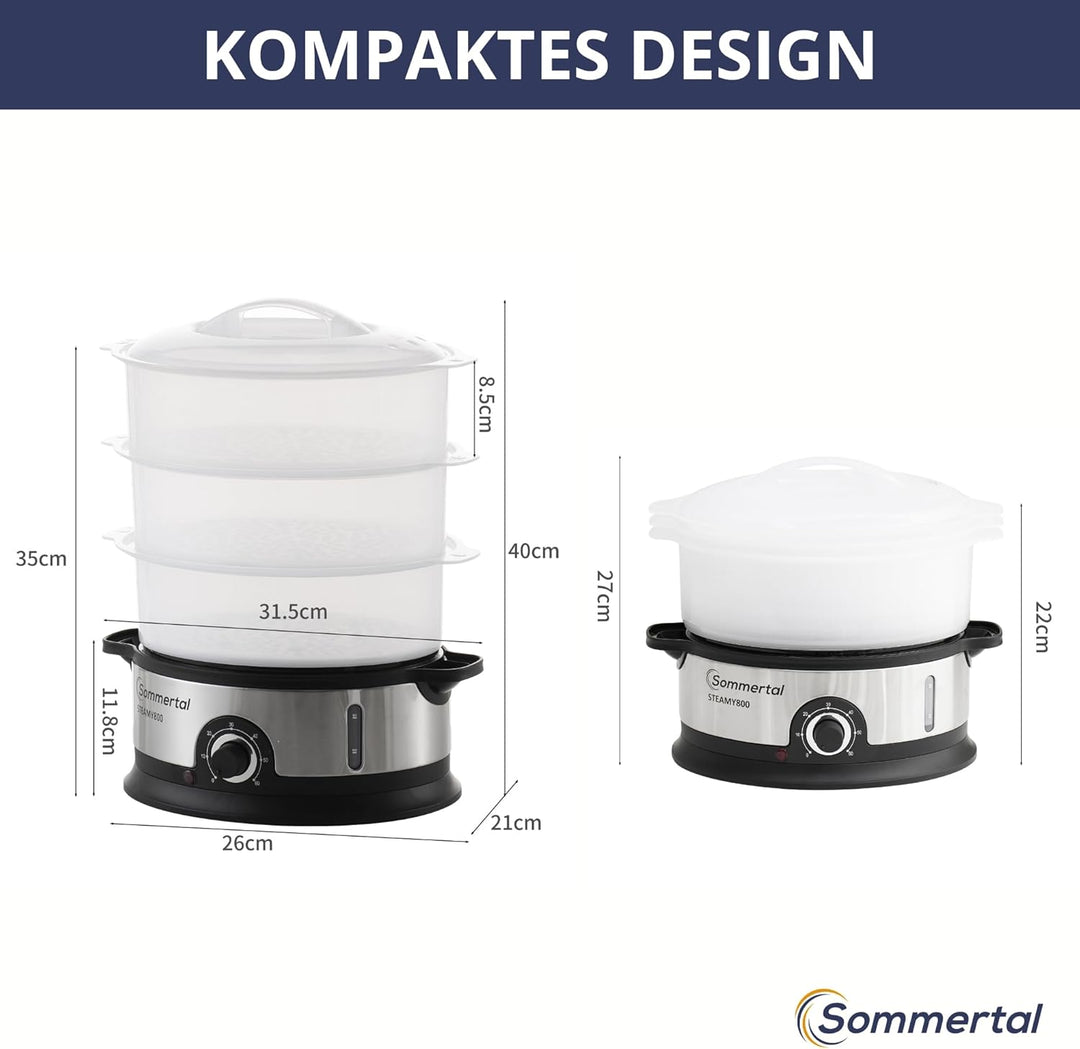 STEAMY 800 Dampfgarer elektrisch,16L XXL Dampftopf, 1200ml Wasserbehälter, 800W, BPA-frei, 3 Dampfga