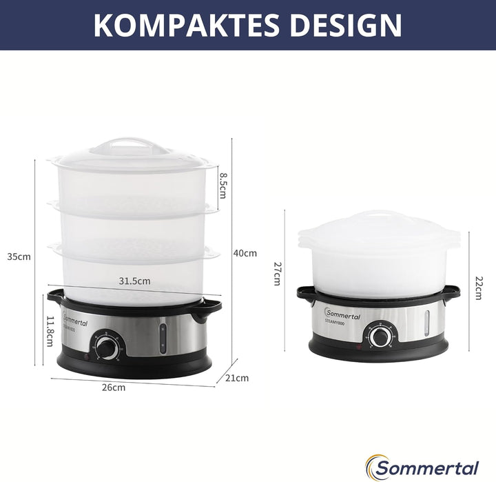 STEAMY 800 Dampfgarer elektrisch,16L XXL Dampftopf, 1200ml Wasserbehälter, 800W, BPA-frei, 3 Dampfga