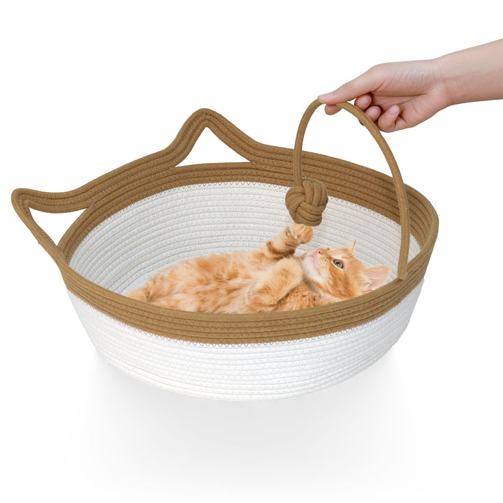 Katzenbett mit Spielzeug Schwanz, Handgewebt Langlebig Katzenkorb aus Rundbaumwollseilen als Katzens