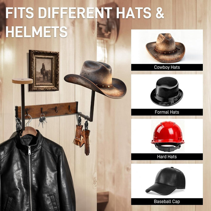 Helmhalterung Wand, Holz Hutständer Wand für Cowboyhut, Motorrad Garderobe Hutaufhänger mit 4 Metall