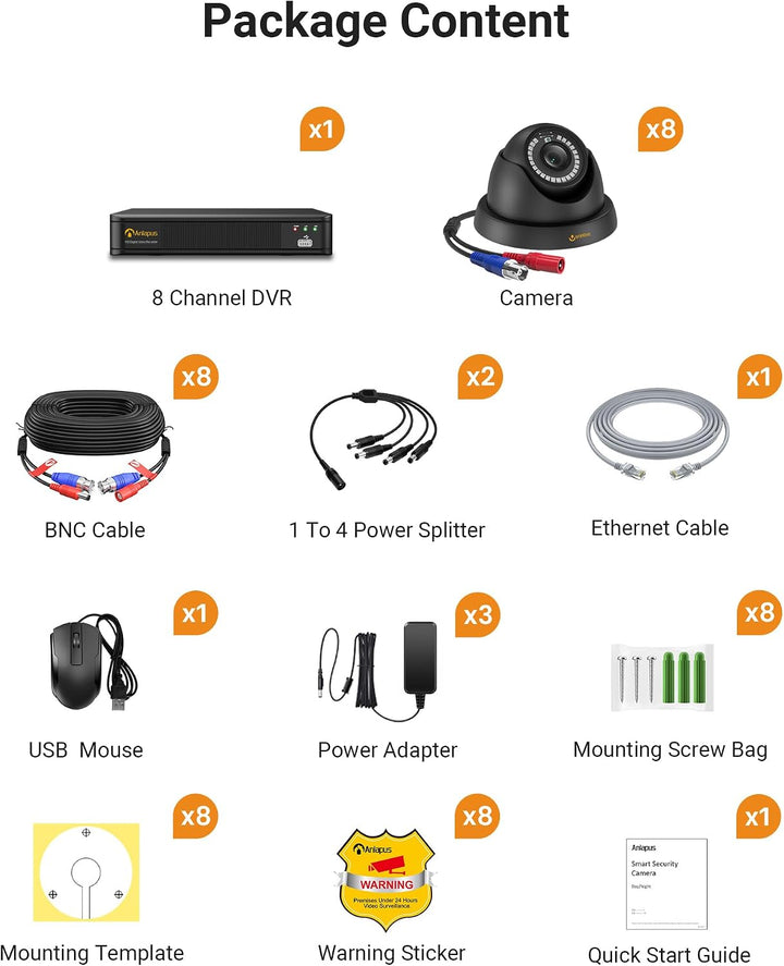 Anlapus  H.265+ 1080P Outdoor Überwachungskamera Set mit 2TB Festplatte 8CH 1080P DVR mit 8X 2MP Dom