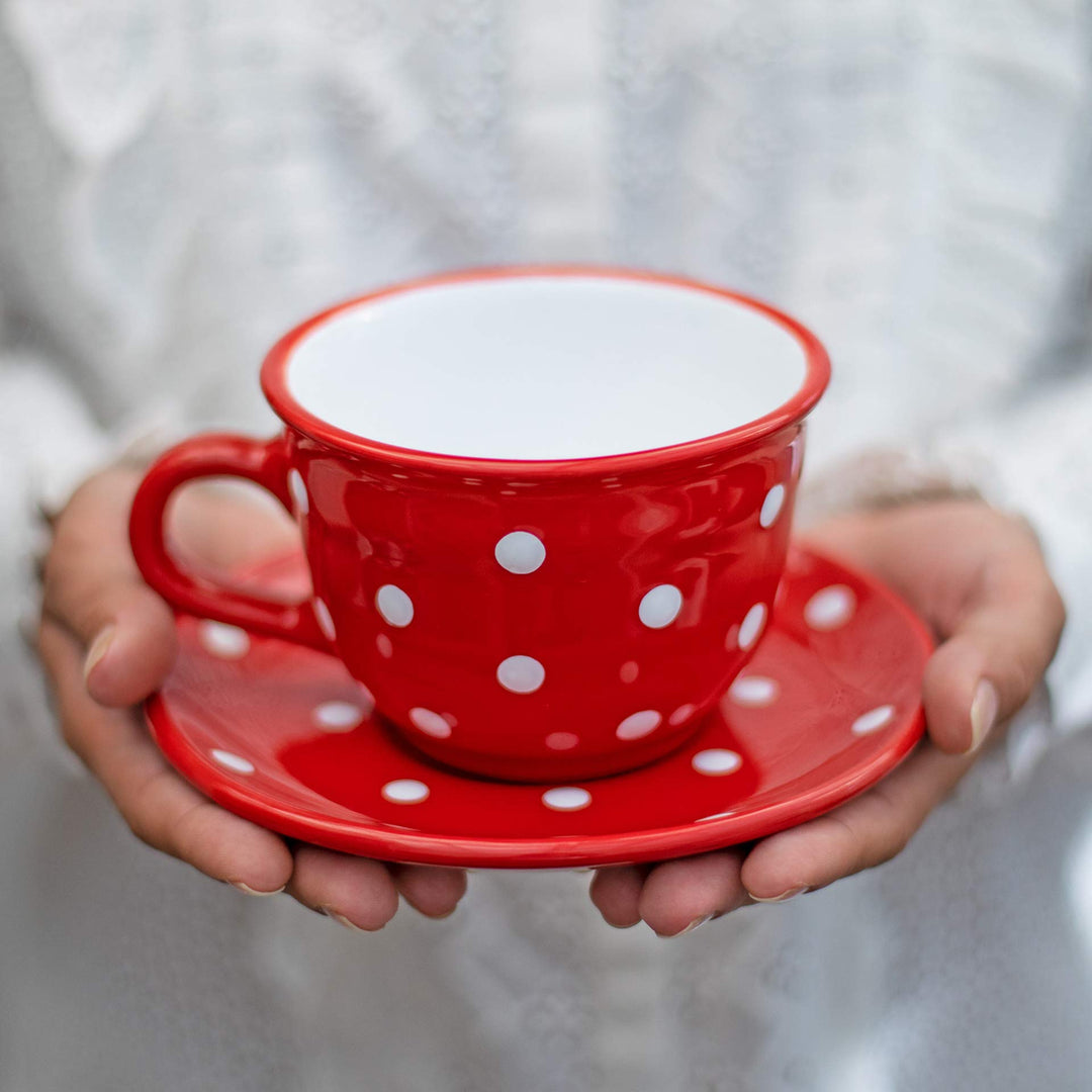 City to Cottage® - Keramik Kaffebecher Teetasse 350 ml | Rot und Weiss | Polka Dots | Handgemacht |