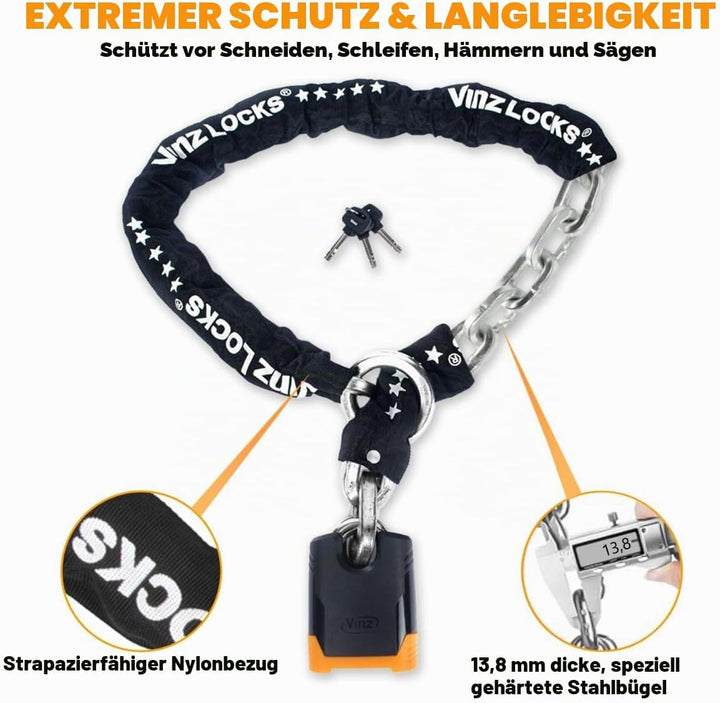 VINZ Batura Motorradschloss 200cm | Massives Kettenschloss 13,8mm Dicke Kette aus Gehärtetem Stahl |