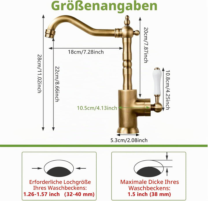 Wasserhahn Küche Antik, Wasserhahn Bad 360° Drehbar, Waschtisch Armaturen Badezimmer Gold Retro, Bad