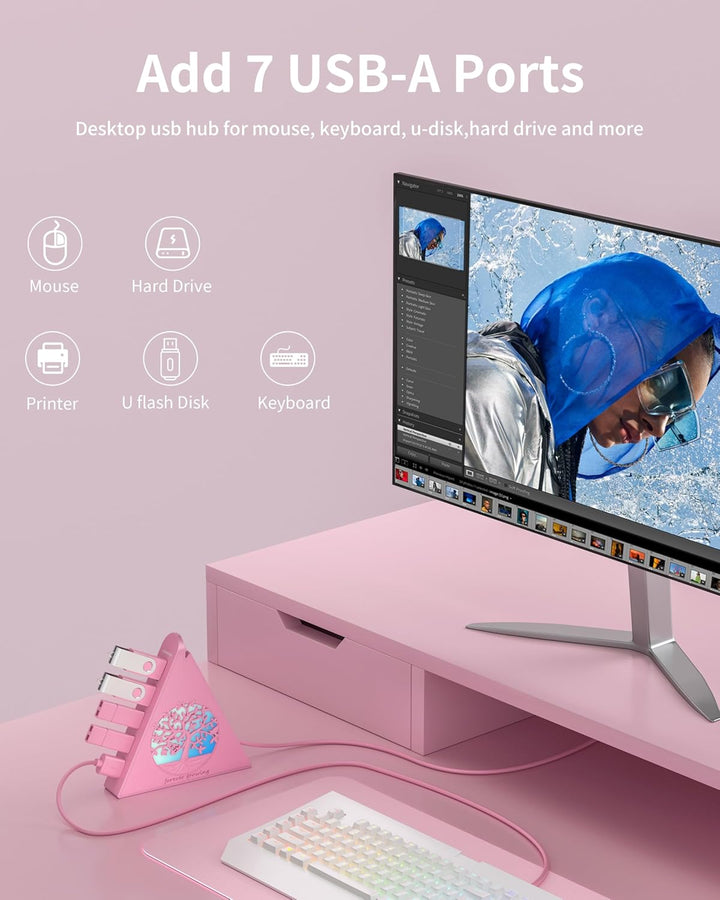 7-Port USB 3.0 Hub, RGB USB Hub mit RGB Baumlicht und 0,6m Kabel, USB Hub 3.0 Rosa USB Expander für