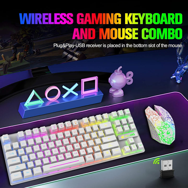 Kabellose Gaming-Tastatur und Maus, 87 Tasten, Regenbogen-LED-Hintergrundbeleuchtung, wiederaufladba