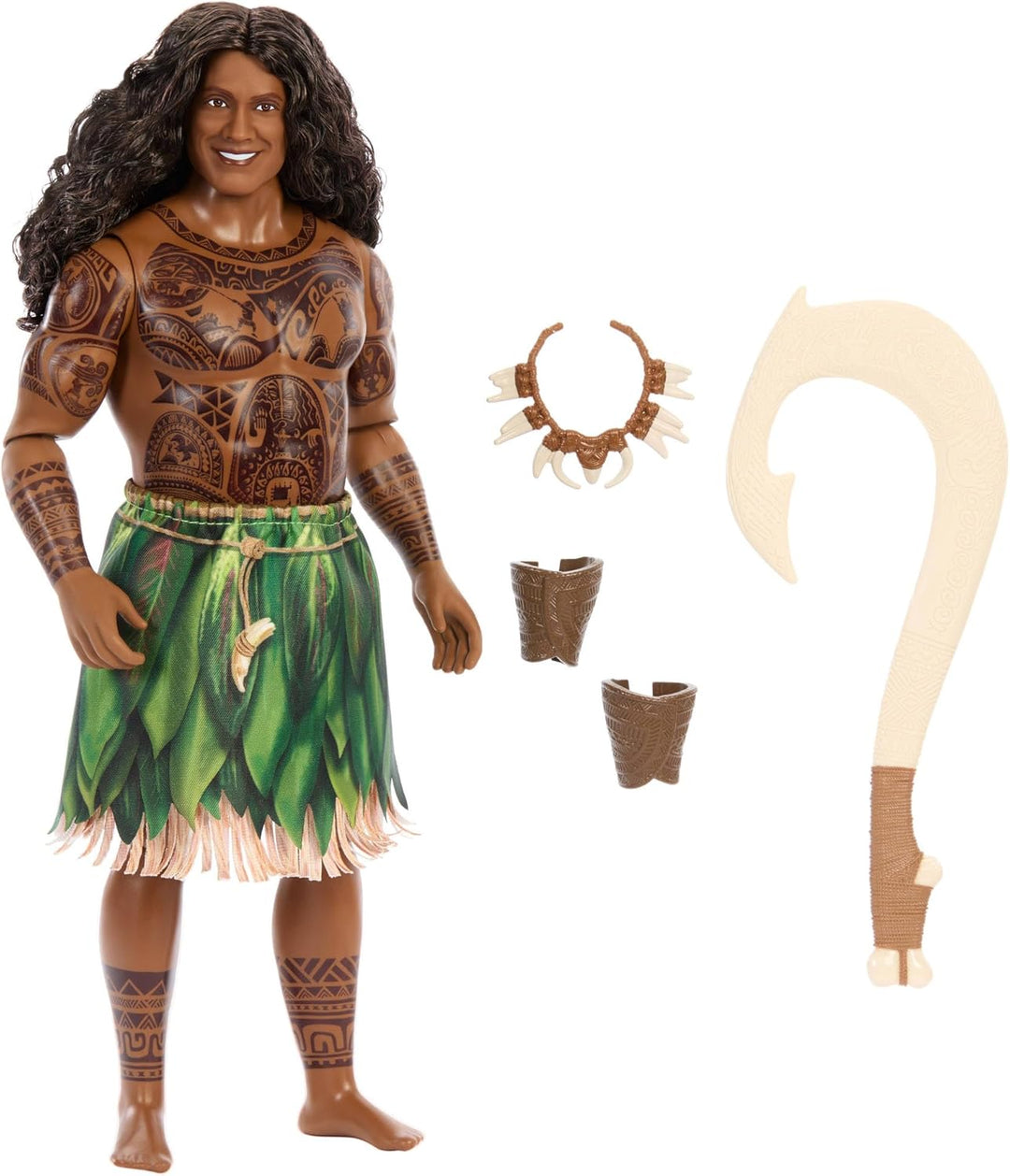 Mattel Disney Vaiana Maui-Puppe mit Abnehmbarer Kleidung, lockigen Haaren, Angelhaken und 3 Zubehör