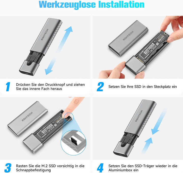 RSHTECH Nvme SSD M.2 Gehäuse Aluminium - USB M.2 Adapter, USB 3.2 Gen 2 10gbps PCIe - UASP Trim - SA