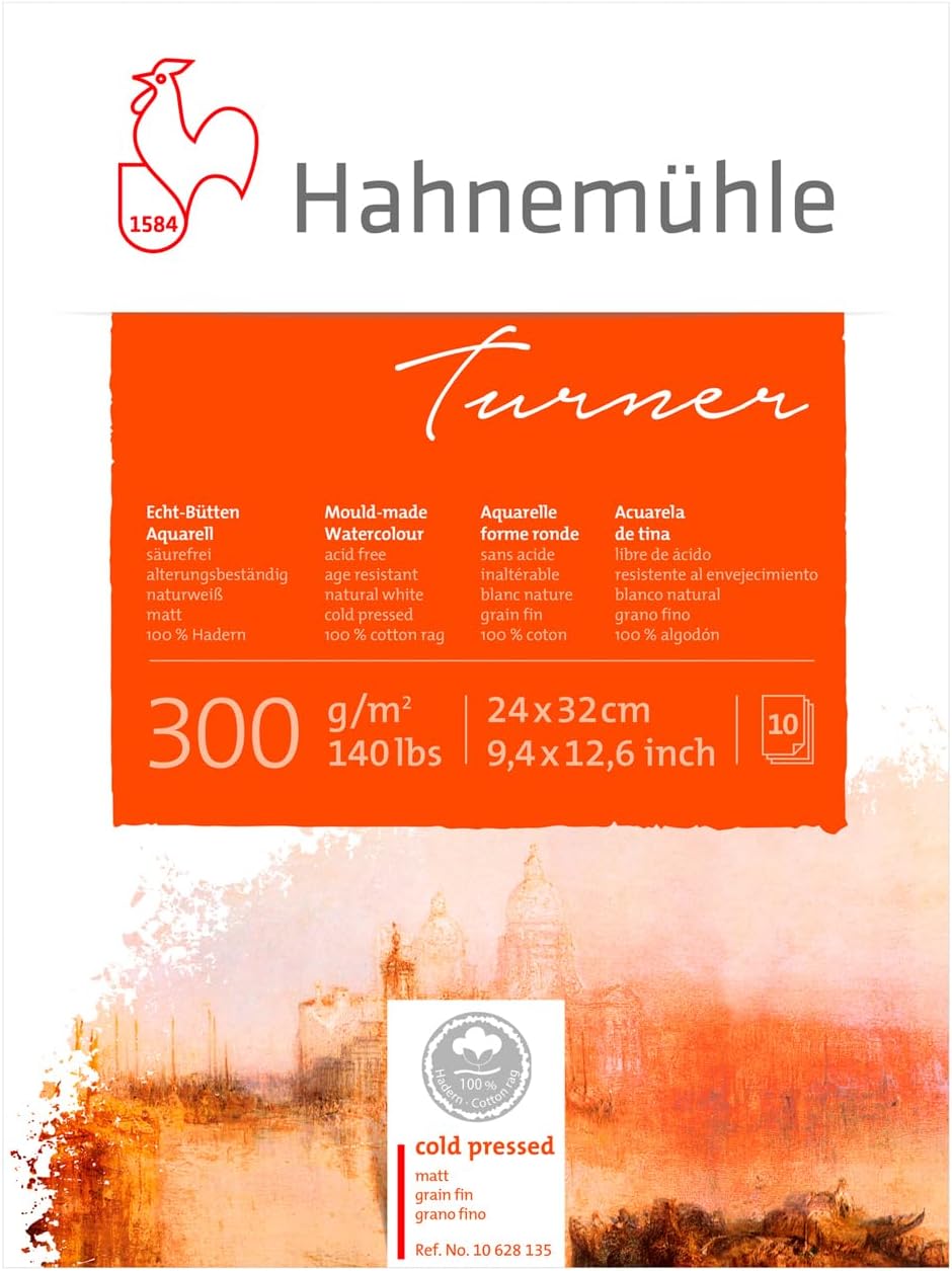 Turner Aquarellblock, 100% mattes Hadern Papier, 300 g/m², naturweiss, 10 Blatt, 24x32 cm, 24x32 cm