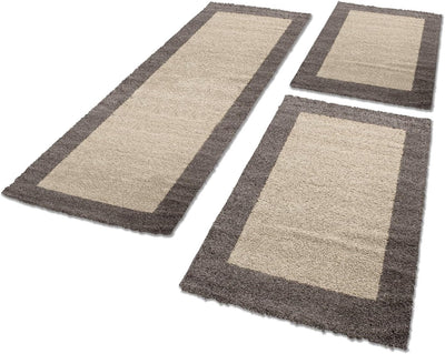 HomebyHome Bettumrandung Schlafzimmer 3 teilig Hochflor Teppich Taupe - Waschbarer Teppich Extra Fla