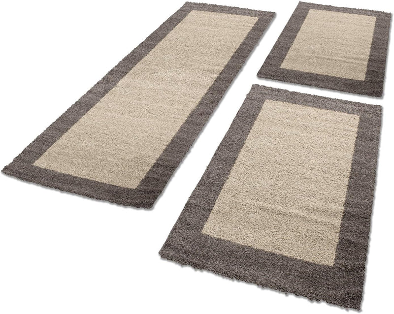 HomebyHome Bettumrandung Schlafzimmer 3 teilig Hochflor Teppich Taupe - Waschbarer Teppich Extra Fla