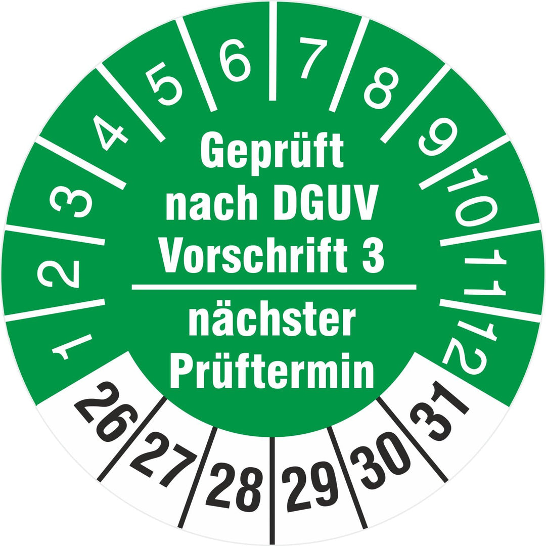 500 Stück nächster Prüftermin geprüft nach DGUV Vorschrift 3 Prüfetiketten Prüfplaketten 18 mm rund