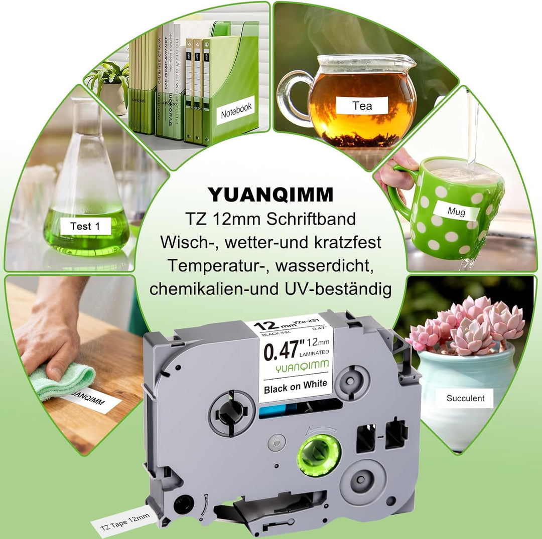 4x Yuanqimm Kompatibel für Brother Ptouch Bänder 12mm x 8m TZe231 TZe-231 TZ231 TZ-231 TZe 12mm 0,47
