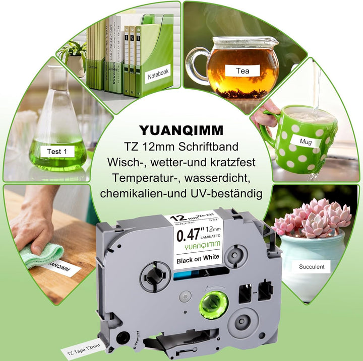 4x Yuanqimm Kompatibel für Brother Ptouch Bänder 12mm x 8m TZe231 TZe-231 TZ231 TZ-231 TZe 12mm 0,47