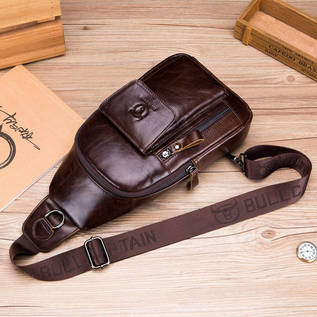 BULLCAPTAIN Herren-Umhängetasche, Leder, Schultertasche, lässiger Tagesrucksack, Brusttaschen für Re