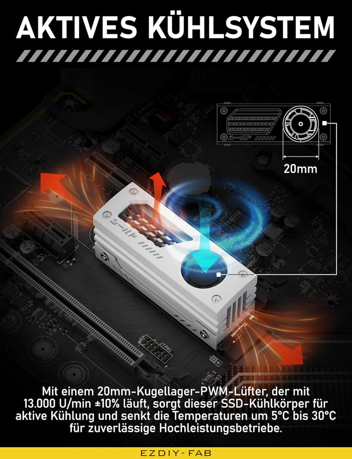 EZDIY-FAB Shield M.2 SSD-Kühlkörper mit eingebautem 20mm PWM-Lüfter, Premium-Aluminium-Design, Hochl